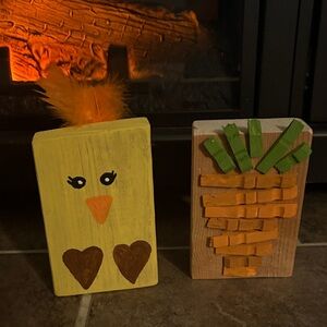 Handpainted Wooden Chick and Carrot Shelf Sitters - Yellow & Orange